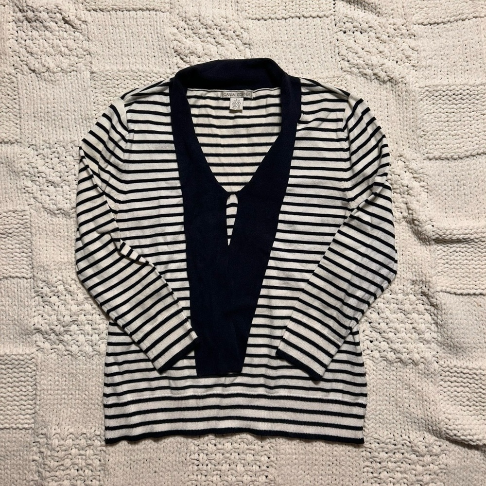 Vintage Casual Corner Navy White Stripe 3/4 Sleeve with Trim